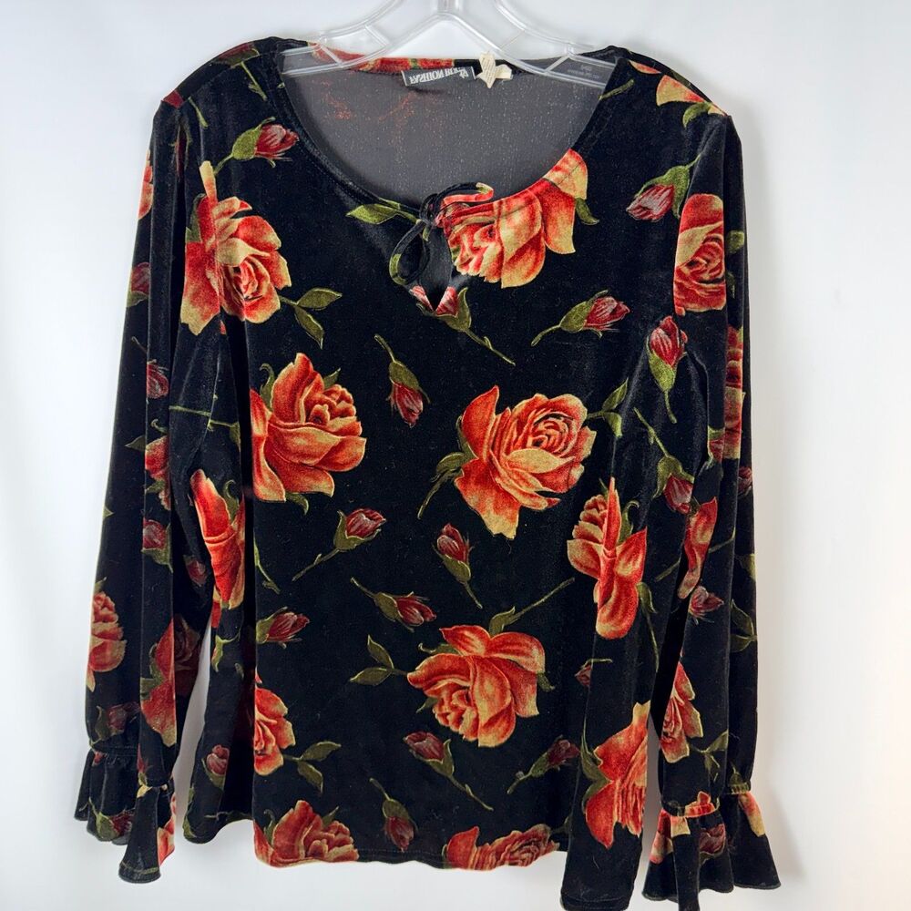 Vtg 90's Velvet L Rose Top Floral Whimisgoth Goth‎ Grunge Bell Sleeve Festival